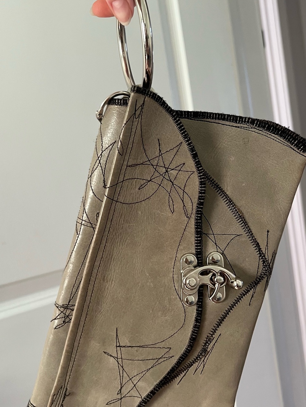 Olive Green Leather Wristlet Clutch with Silver Hardware